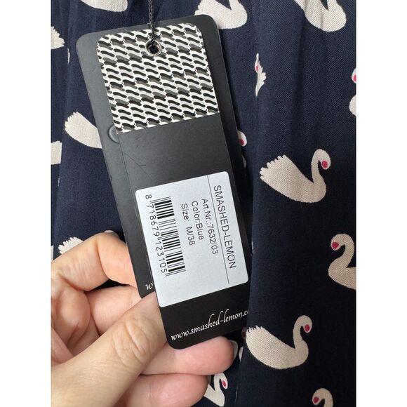 Smashed Lemon Quirky Novelty Swan Print Navy Blue Pull on Pants Size M NWT - Picture 6 of 11